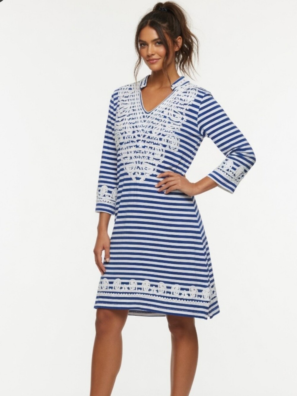 Cristina Blue and White Striped V-Neck Tunic w White Lace Trim (SIZE:MED)